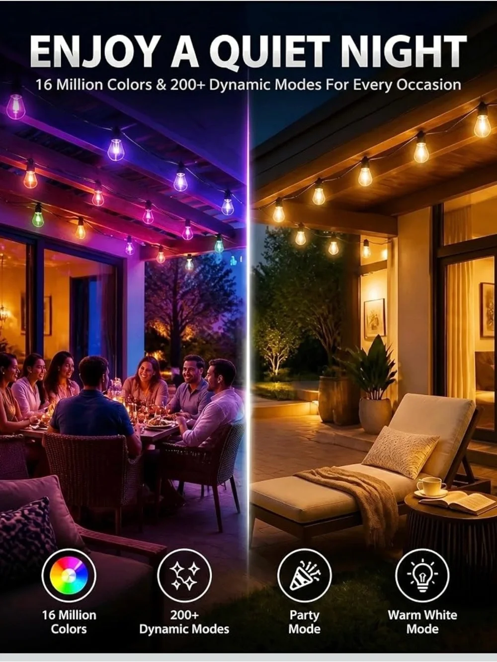 Outdoor string lights, 50FT RHBW color changing patio lights with remote and APP